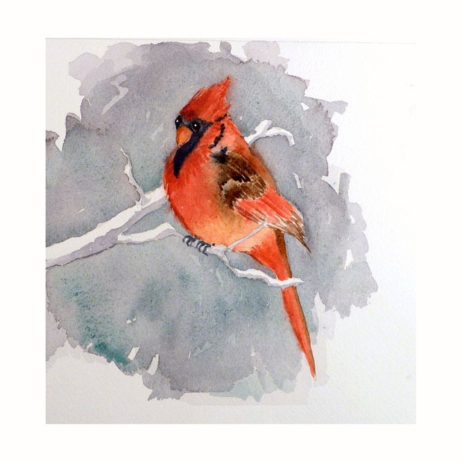 Red Cardinal Bird Art - Original Painting Watercolor - Animal art, Nature Painting, Home Decor - Kitchen Apartment - Men Women  6.5" x 6.5"