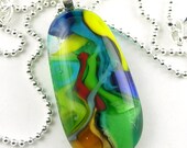 Bright Colorful Abstract Glass Pendant Necklace Fused Focal Bead with Adjustable Silver Ball Chain in Green Blue Yellow Red