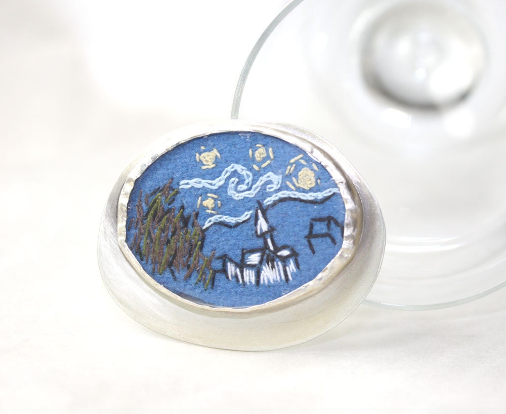 Sterling Silver Textile Brooch Starry Night Hand Embroidery