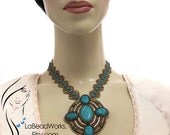 Beaded Turquoise Cabochons with seed beads and Swarovski Chain 16 inches necklace
