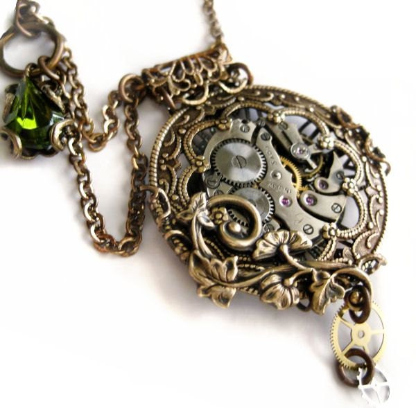 Steampunk necklace Victorian pocket watch style pendant with swag chain, steampunk jewelry, statement necklace