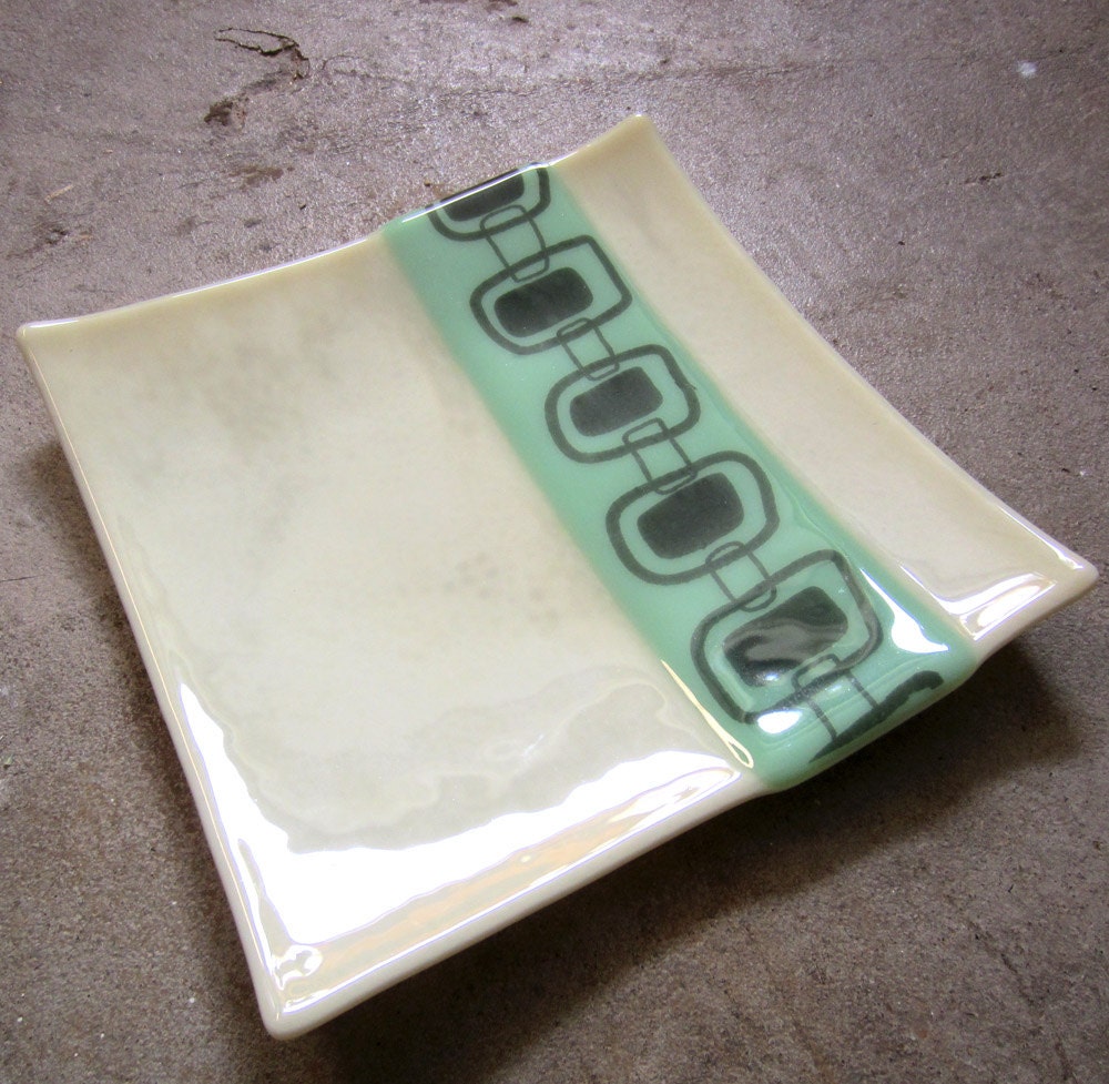 Mid Century Modern Mint green dish, Fused glass plate, Square serving plate