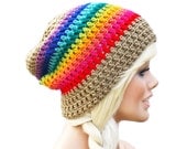 Crochet Slouch Rainbow Beanie- Ultimate Slacker Striped Beanie Hat- Beige with rainbow strip