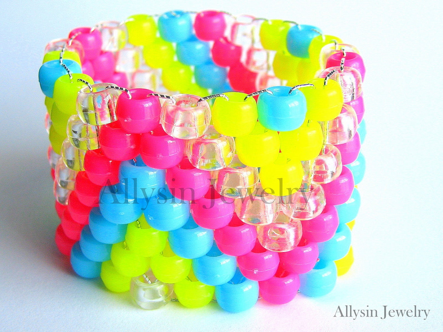 Neon Kandi Cuff Bracelet, ZigZag Raver Plur, Hot Pink, Neon Yellow, Baby Blue Zig Zags