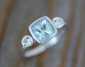 Aquamarine and White Sapphire Cushion Cut Gemstone Ring in Recycled and Tarnish Resistant  Sterling Silver