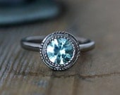 Ready To Ship 7.25, Blue Zircon Vintage Inspired Art Deco Gemstone Engagement Ring in 14k Palladium White Gold