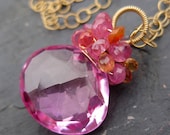 Pink sapphire necklace 14k gold fill orange sapphire carnelian flower garden mermaid style bubble chain gemstone jewelry --Grenada--