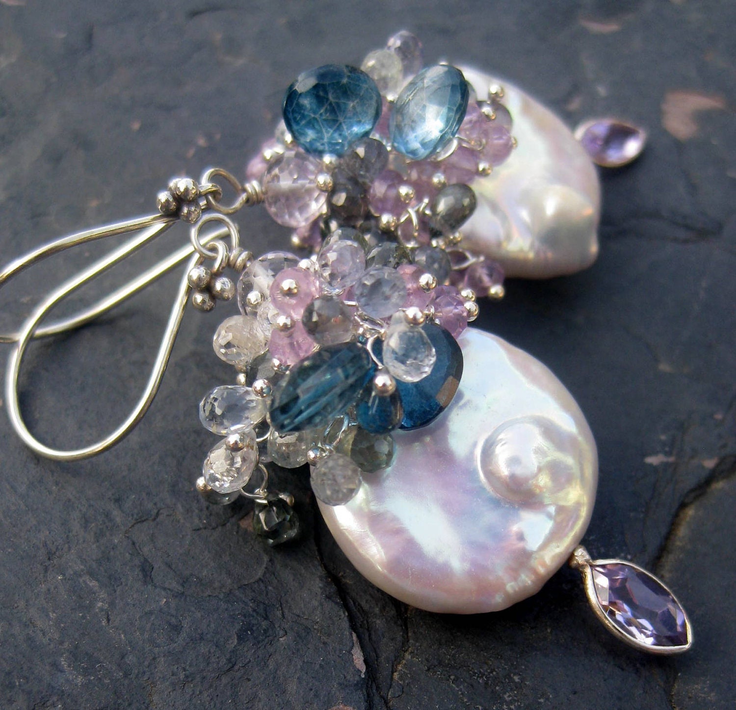 Baroque coin pearl earrings sapphire earrings sterling silver cluster dangle drop London blue statement mermaid bride gemstone jewelry