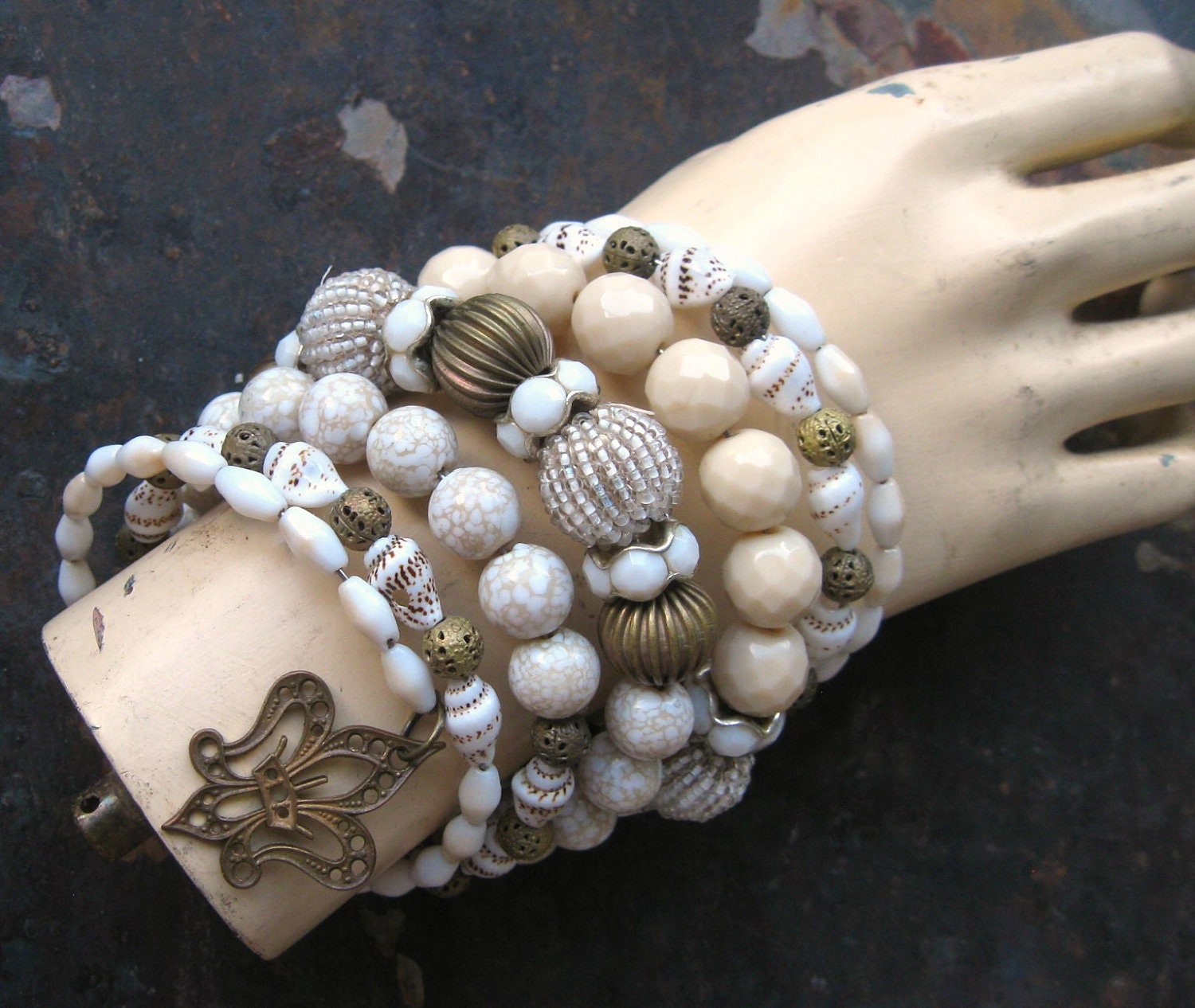 Chunky Wrap Bracelet Made from Vintage Beads Memory Wire White & Cream Color Glass