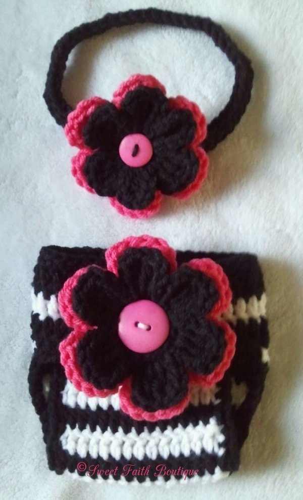 Ready To Ship Crocheted Zebra inspired headband and diaper cover set in black and white and pink great photo prop