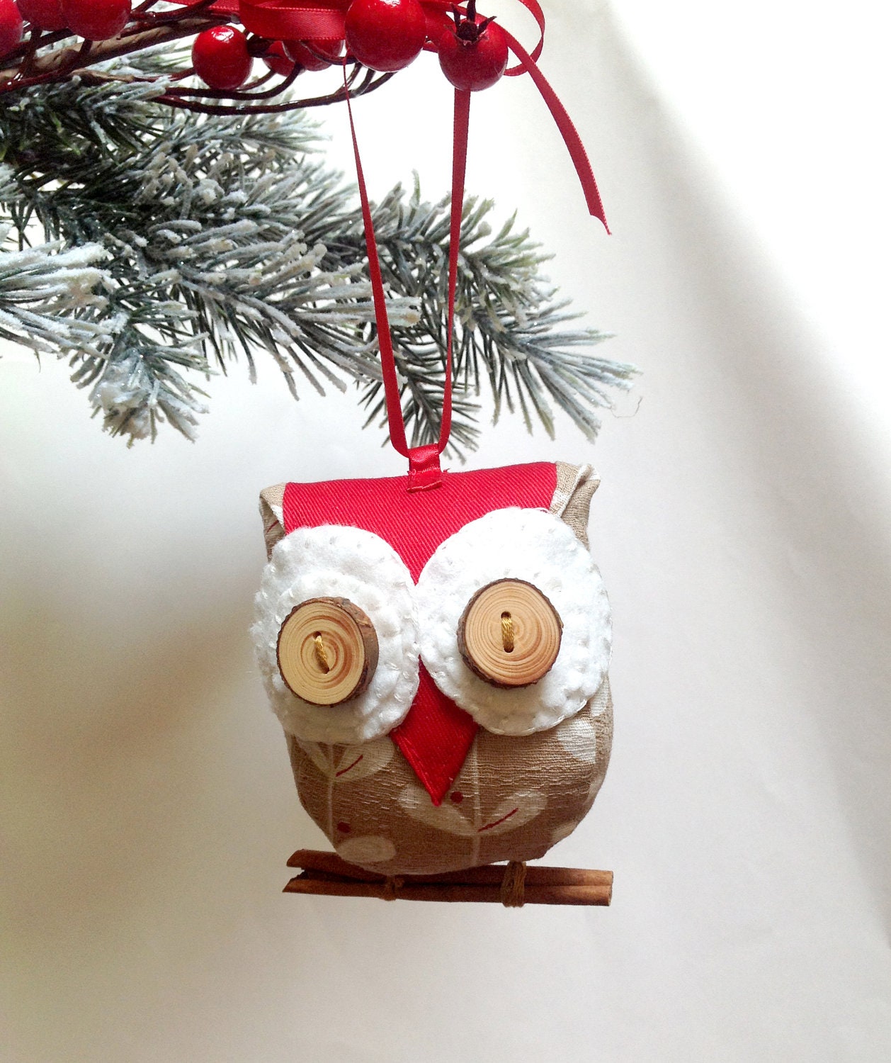 Small beige and red owl ornament with real wood eyes