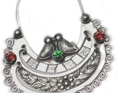 SALE Frida style hoops kissing lovebirds on top, flower and leaves with coloured glass beads