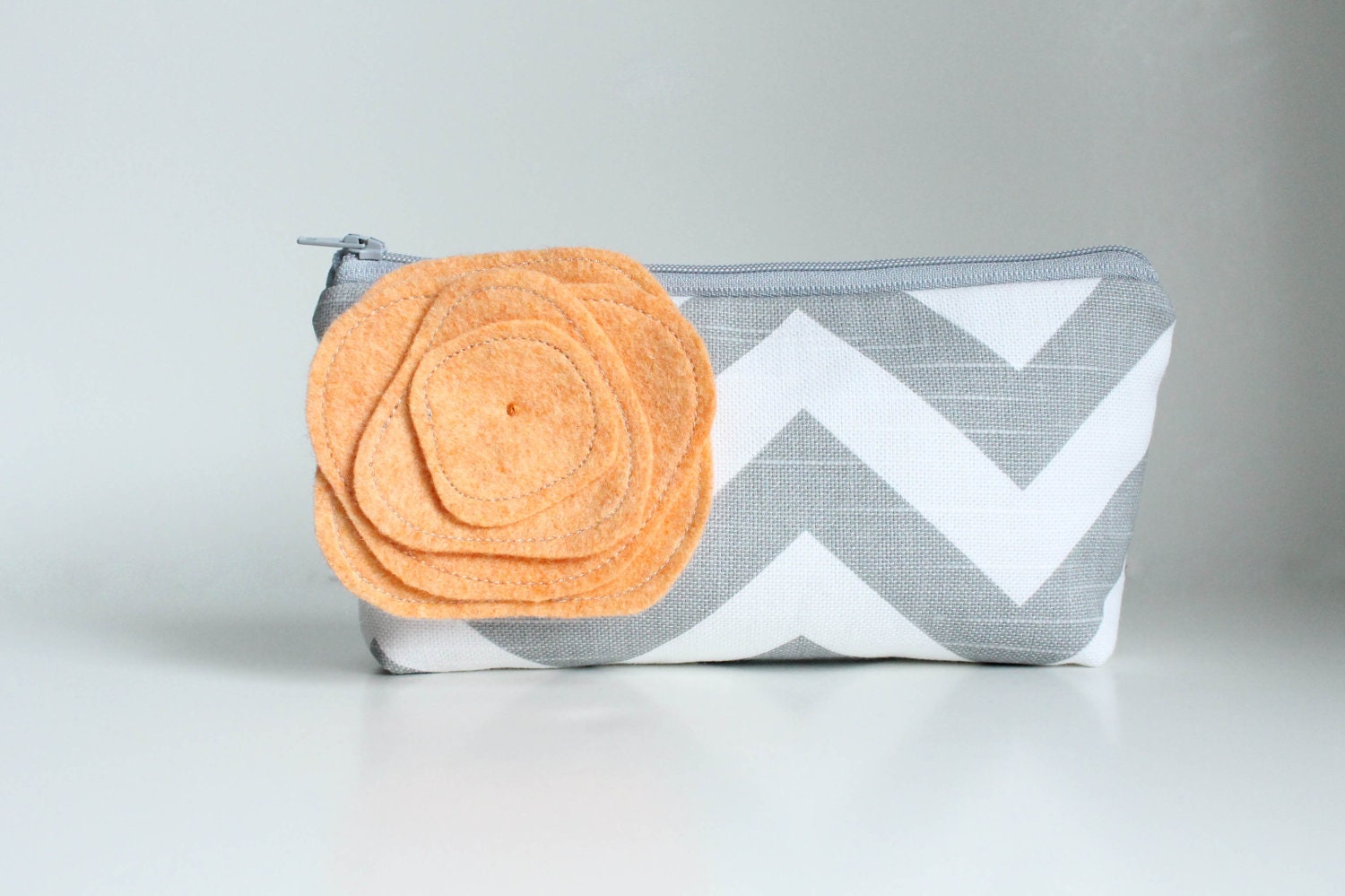 Clutch Purse, Grey and Peach,  Bridesmaid Gift, Chevron Clutch, Cosmetic Bag, Make Up Bag, Choose Colors