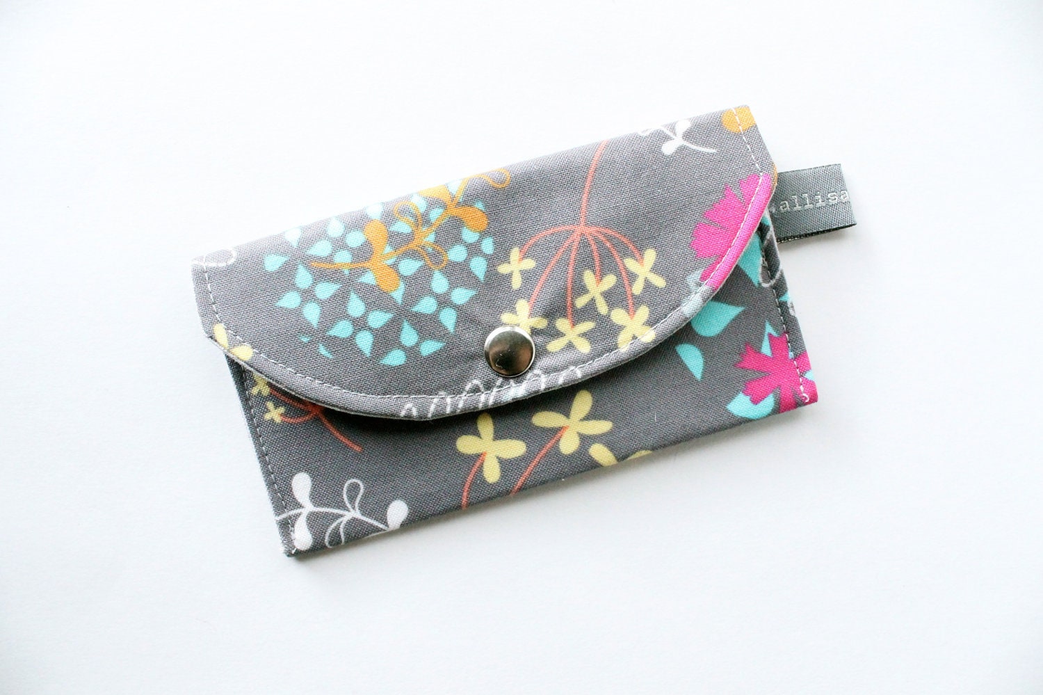 Business Card Holder- Gray Bright Flowers, Small Wallet, Card Case, Gift Card Holder