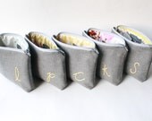 Monogrammed Cosmetic Bags, Personalized Bridesmaid Gift, Gray and Yellow, Set of 4, Make Up Bag Zipper Pouch, Coral Aqua Blue Grey
