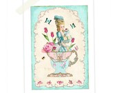 Marie Antoinette, Art Print, Collage, Vintage Wallpaper, Teacup, High Tea, Pink Tulips, French, Pink Roses, Giclee