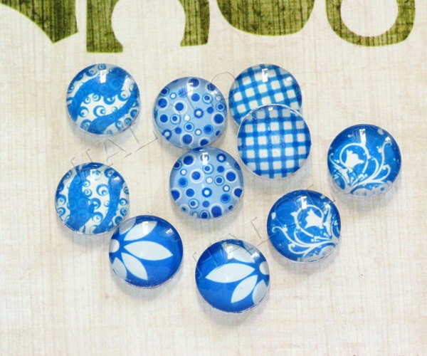 10pcs handmade assorted blue and white round clear glass dome cabochons 12mm (12-0425)