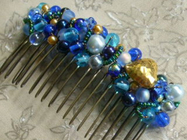 Blue Czech Glass Antiqued Brass Hair Comb - MY BLUE HEART