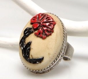 Adjustable Antique Finish Metal Oval Ivory Ring with An Ottoman Style Red Carnation