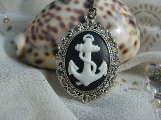 Black and White Navy Anchor Cameo Necklace