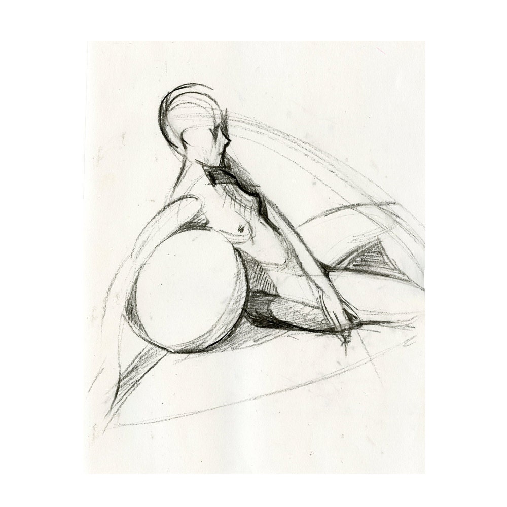Original Female Nude Figure Drawing Gesture Sketch - Karin Geometric