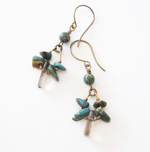 Impression Jasper, Smoky Quartz Earrings, Vintaj Antique Brass, Tribal