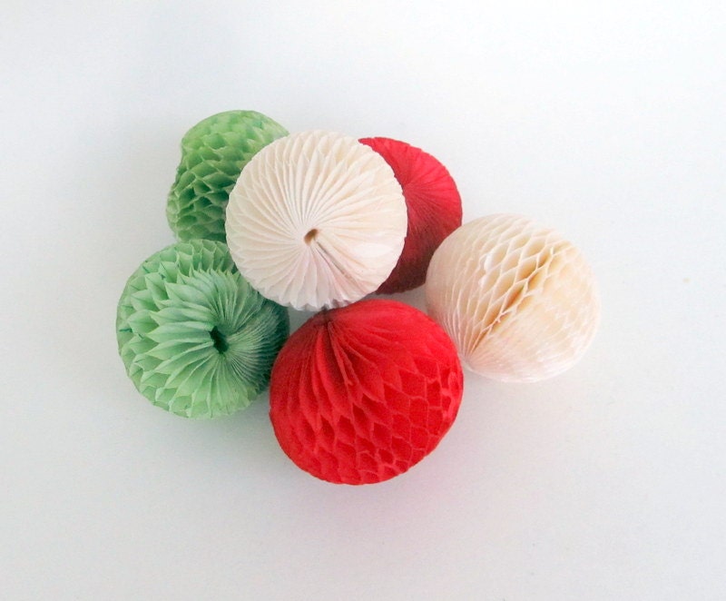 Vintage Honeycomb Balls  Set of 6 Hot Red Green Cream