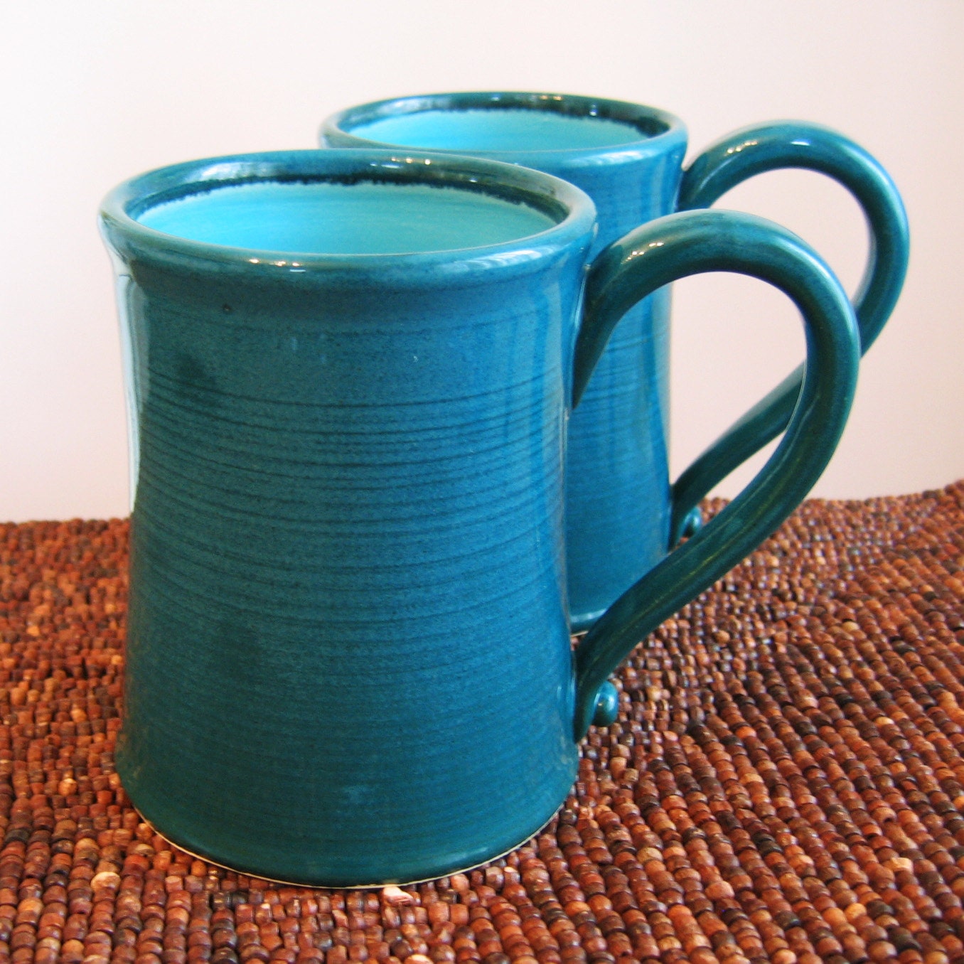 Manly Beer Stein Set In Peacock Blue and Turquoise Large Stoneware Ceramic Coffee Mugs