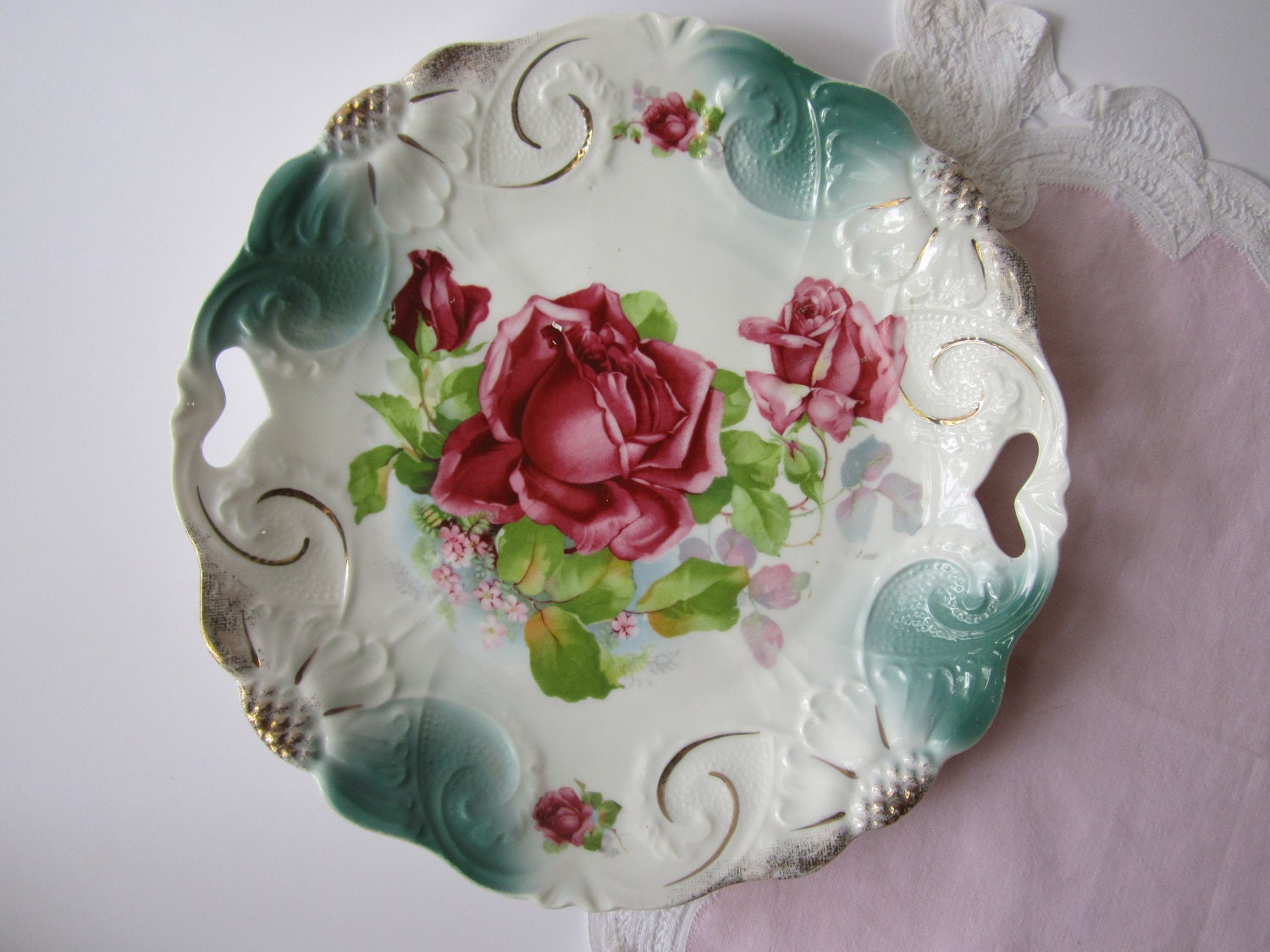 Elegant Teal and Pink Rose Handled Cake Plate