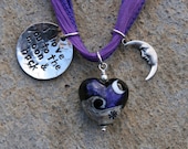 Purple Heart I Love You to the Moon and Back Lampwork and Sterling Silver DeSIGNeR Necklace Unique Trendy Gift Silk Purple Ribbon