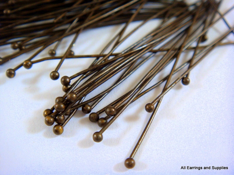 100 Antique Bronze Ball Headpins Brass 2 inch, 23-24 Gauge 1.5 Ball - 100 pc - F4008BHP-AB2100