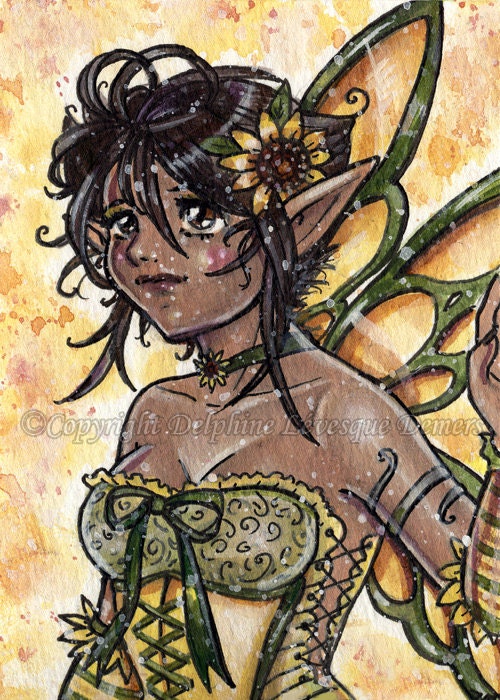 Lovely Sunflower Fairy ACEO - limited edition print 2/20 by Delphine Levesque Demers