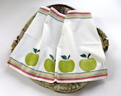 Tea Towel, Green Apples, Hand Stamped, Cotton, Kitchen Dish Cloth