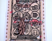 Vintage Pink Upcycled 'Rock on Tea Time' Illustrated Tea Towel