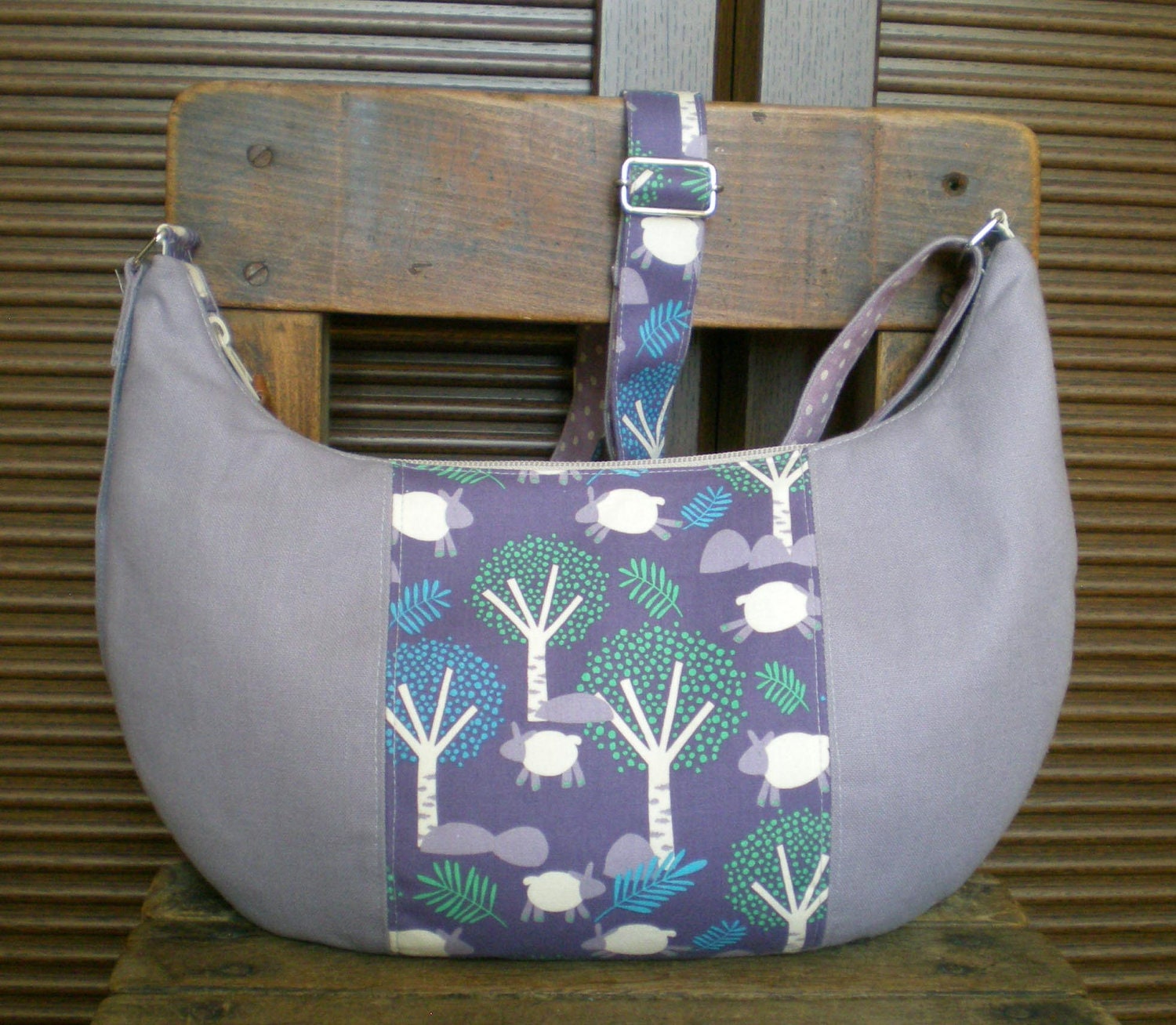 SALE- Crescent shoulder /  messenger bag - Cosmic Zoo Saute Mouton-Purple