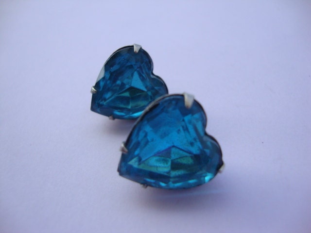 1950s Blue Rhinestone Heart Earrings