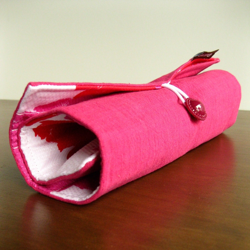 Makeup Brush Holder Storage Roll - Bright Pink with Red Pink Modern Floral
