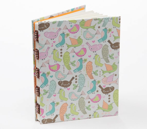 Birds journal, handmade journal, multicolor bird, beaded spine, gift under 15