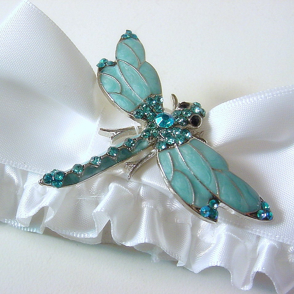 wedding garter blue enamel DRAGONFLY winged crystals  a PETERENE original design