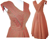 Vintage 50s Dress Red Plaid Rockabilly Middy Cotton Pleated Skirt M