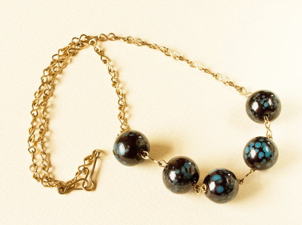 Art Deco  Necklace - Black and Turquoise Glass Beads With Goldtoned Flatwire Infinity Chain 1930's