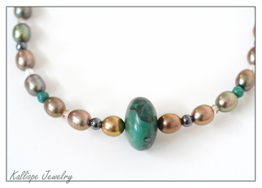 pearl and chrysocolla necklace strand green and gold long beaded strand colorful chunky jewelry beaded pearl and stone statement necklace
