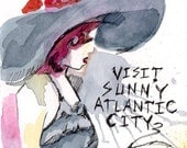 Visit Sunny Atlantic City - Dr. Sketchy's Anti Art School - Philly Branch - Watercolor and Ink Painting by Jen Tracy