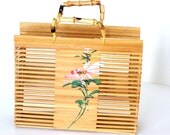 Vintage Natural Bamboo Handbag Tote Purse, Handpainted Pink Flowers