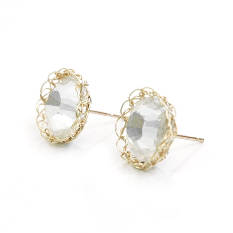 Wedding Jewelry Shiny White Crystal Post Earrings Bridesmaid Gift  Wire Crochet gold filled Wire Swarovski Bridal Jewelry  Earrings