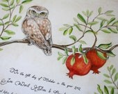 Modern Hand-painted Ketubah/Marriage Certificate Owl-Pomegranate 2