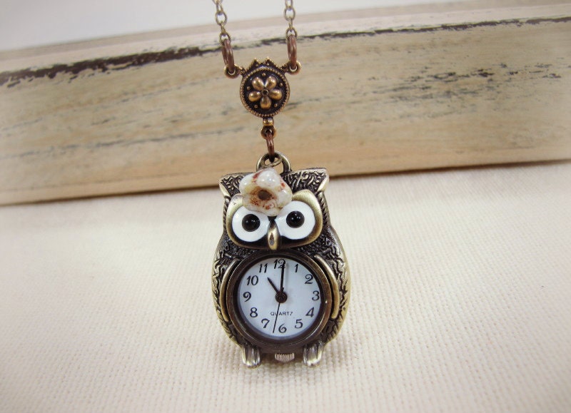 Owl Watch Necklace Owl Clock Timepiece Jewelry