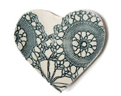 Heart plate Teal green blue and cream ceramic pottery Lace surface texture Home decor Soap dish Catch all Ring saver Dessert plate