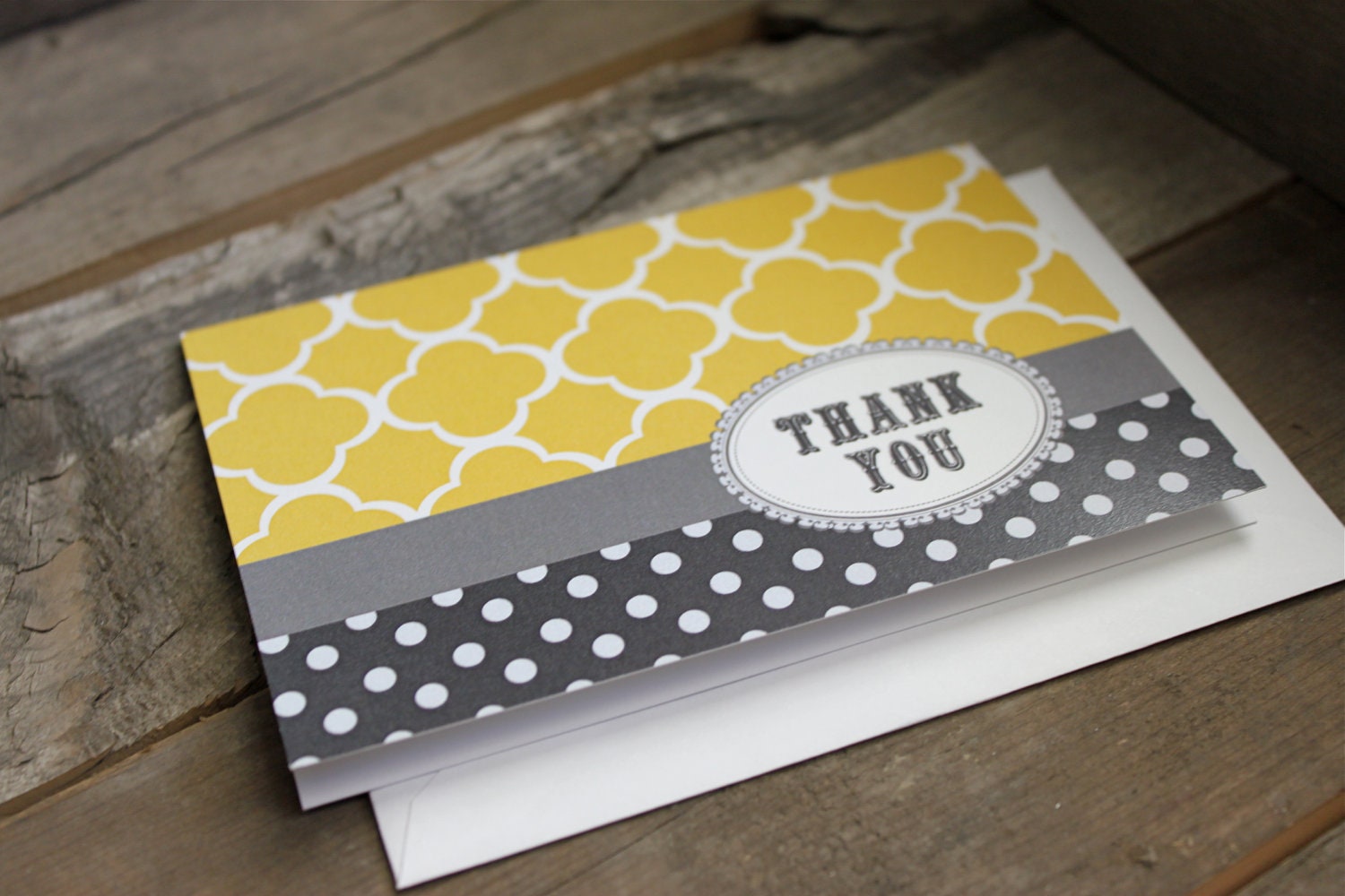 Mustard & Grey Quatrefoil with Polka Dots Thank You Cards-- 10 cards/10 envelopes