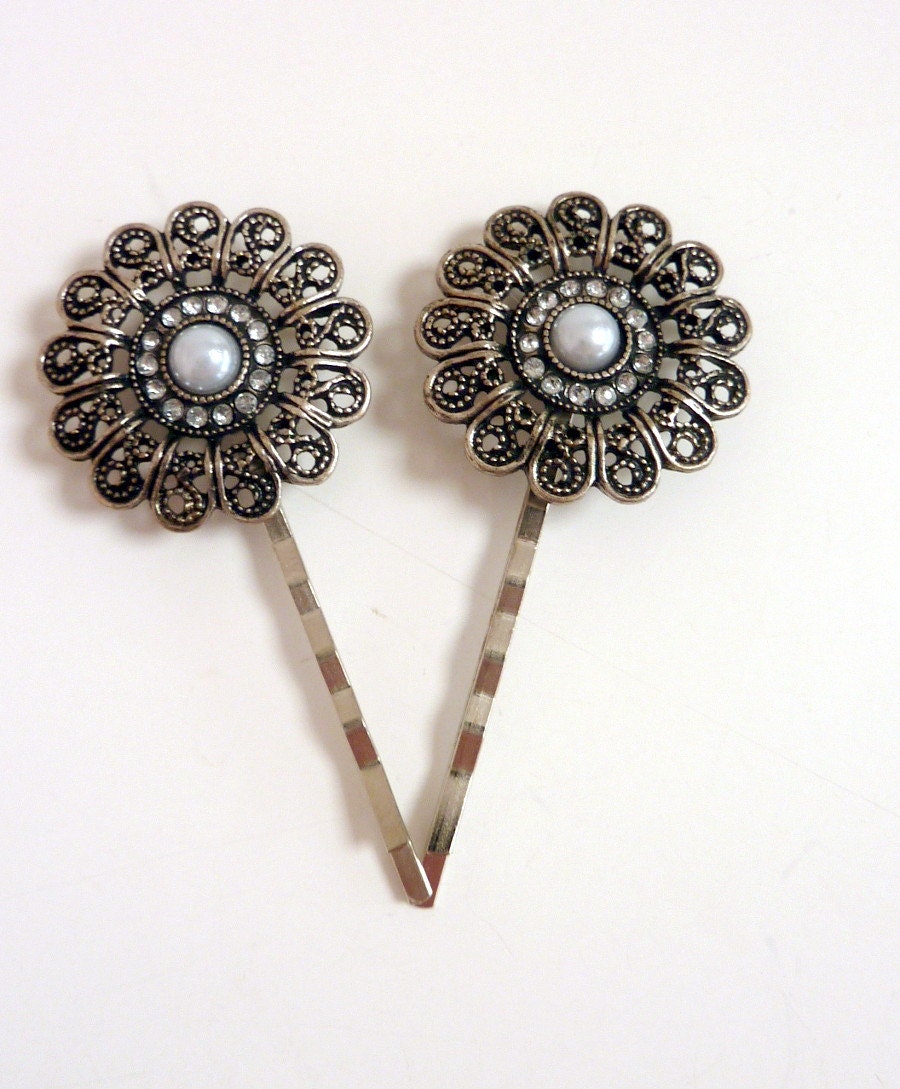 Silver Filigree Bobby Pins, Antique Silver Flower Filigree Pearl Bobby Pins, Vintage Inspired Bobby Pins, Hair Accessories